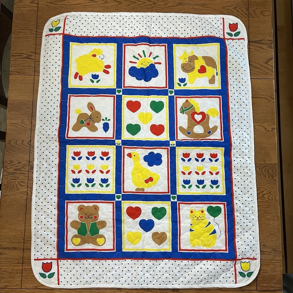 Vintage Baby Baby Blanket Quilted Animals Primary Colors